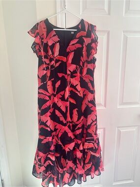 Tommy Hilfiger Floral-Print V-Neck Ruffle Dress in Navy and Bright Pink